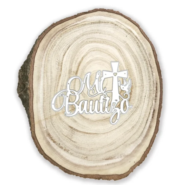 Troquel suaje con texto Mi Bautizo y diseño de cruz y paloma de 105x80 mm para scrapbook e invitaciones