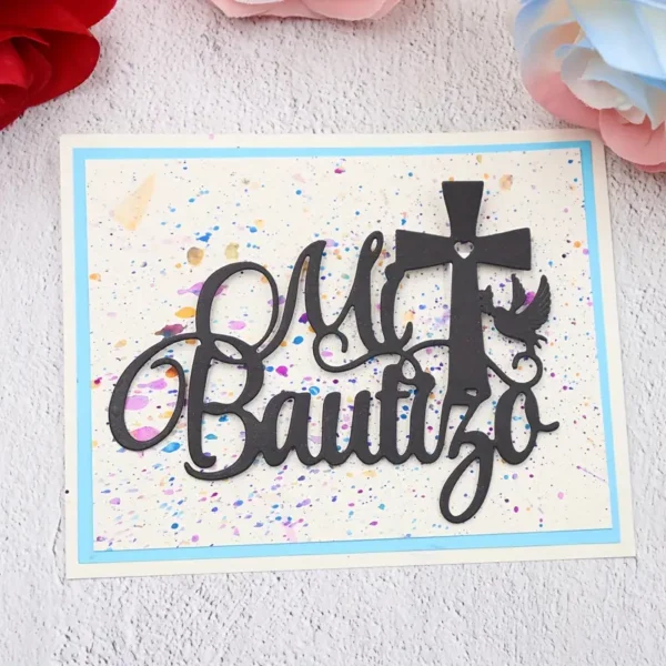 Troquel suaje con texto Mi Bautizo y diseño de cruz y paloma de 105x80 mm para scrapbook e invitaciones