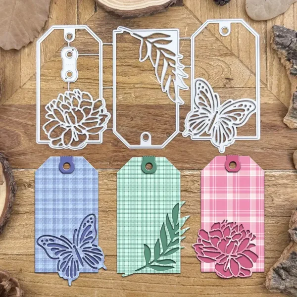 Troquel etiqueta con mariposa calada 50 × 90 mm; suaje para scrapbooking y tarjetería; ideal para tags y mini tarjetas; compatible con Big Shot