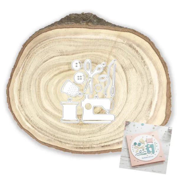 Troquel de set de costura con máquina de 43x40 mm, carretes, tijeras y botones para proyectos de scrapbooking