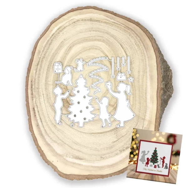 Troquel set familia decorando árbol de Navidad de 38x68 mm ideal para tarjetas y layouts de temporada