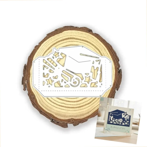 Troquel bolsillo de graduación de 75x50 mm con birrete y estrellas, perfecto para álbumes y tarjetas temáticas