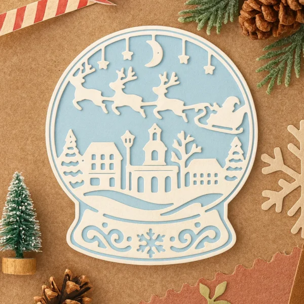 troquel suaje esfera bola de nieve navidad con paisaje y trineo ejemplo