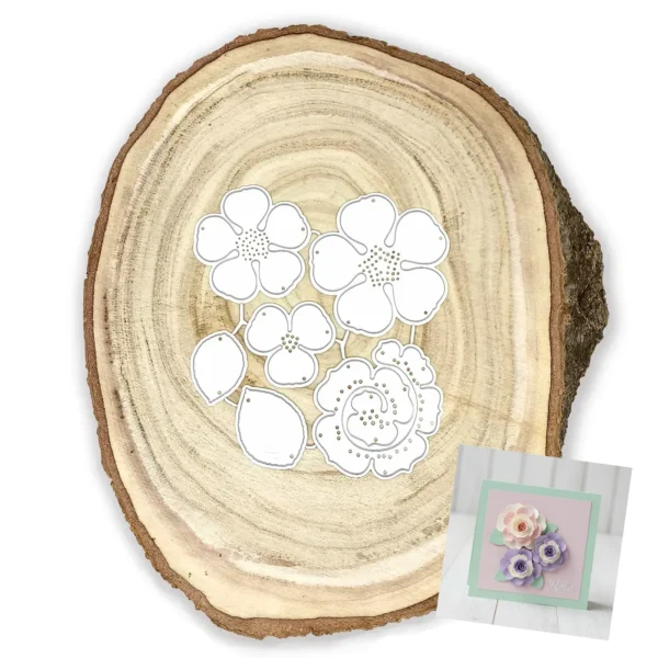 Troquel/suaje flor 3D montada 50x50x20 mm con pétalos, centro punteado y hojas para scrapbooking