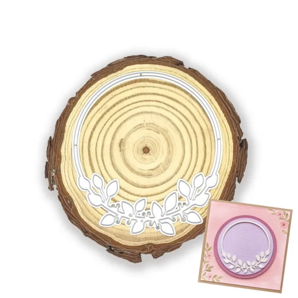 Troquel marco circular con hojas de 80x90 mm para scrapbooking, ideal para tarjetas, portadas y proyectos elegantes