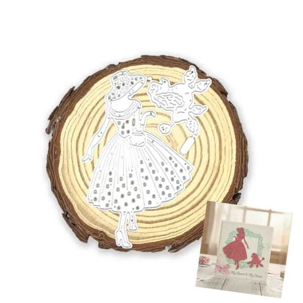 Troquel mujer con vestido y perro 60x95 mm para proyectos vintage y románticos