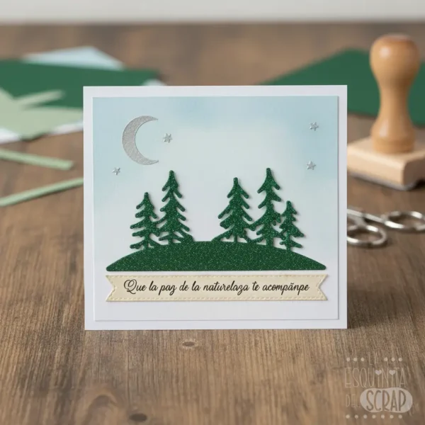 Troquel bosque invernal 80x35 mm, ideal para escenas navideñas y paisajes en scrapbooking