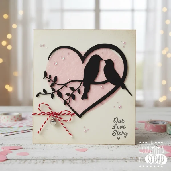 troquel suaje pájaros en rama con marco de corazón ejemplo