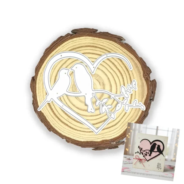 Troquel de pájaros en rama con marco de corazón de 95x70 mm para proyectos románticos, bodas y tarjetas de San Valentín