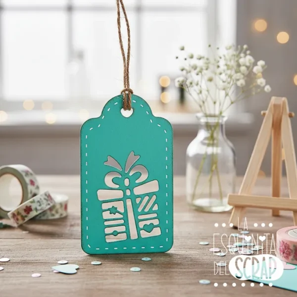 troquel suaje tag etiqueta con regalo calado y doble capa ejemplo