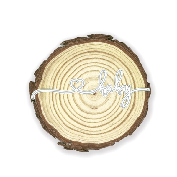 Troquel con la palabra "baby" y un corazón integrado, mide 110x40 mm, ideal para proyectos de bienvenida de bebé