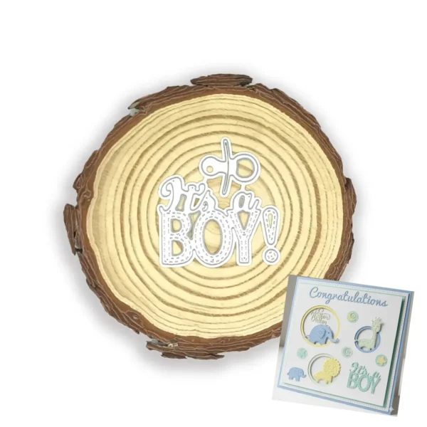 Troquel texto It’s a Boy con chupón de 45x35 mm para scrapbook, baby shower e invitaciones