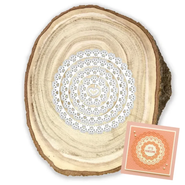 Troquel nido de círculos con borde de huellitas, diámetro máximo 107 mm, ideal para scrapbooking y proyectos de mascotas