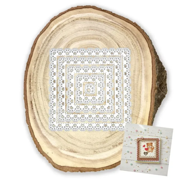 Troquel nido de cuadrados con borde de huellitas, tamaño máximo 105x105 mm, ideal para scrapbooking y proyectos de mascotas