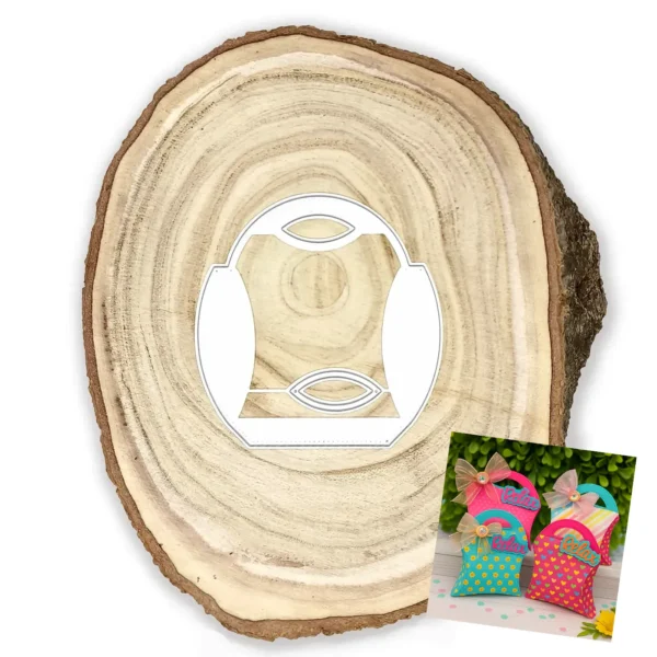 Troquel caja 3D tipo almohada de 90x27x115 mm con asa, ideal para empaques y detalles de regalo