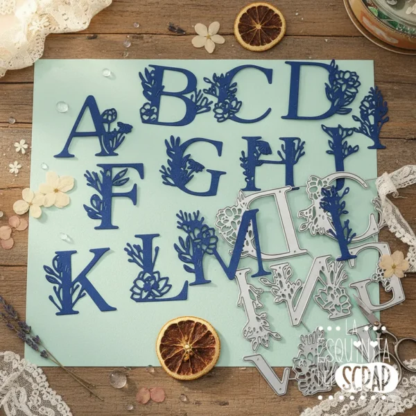 troquel suaje alfabeto de letras mayúsculas con decoración floral web ejemplo