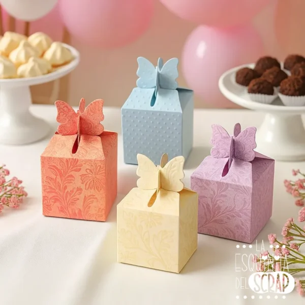 troquel suaje caja 3D cuadrada con asa de mariposas ejemplo