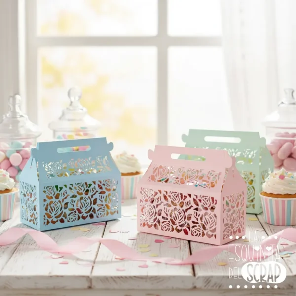 troquel suaje caja 3D lonchera grande XXL con detalles florales web ejemplo