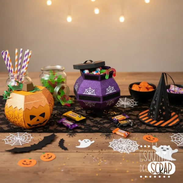 troquel suaje caja 3D sombrero de bruja caldero calabaza Halloween ejemplo