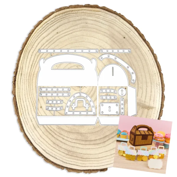 Troquel caja 3D tipo cofre del tesoro pirata de 97x47x70 mm, ideal para packaging y proyectos temáticos de scrapbooking