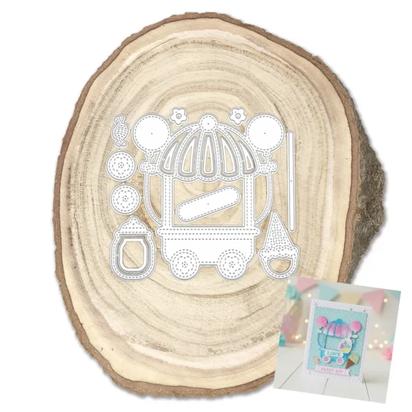 Troquel carrito de golosinas con globos y dulces, ideal para proyectos festivos de scrapbooking, tamaño 87x99 mm