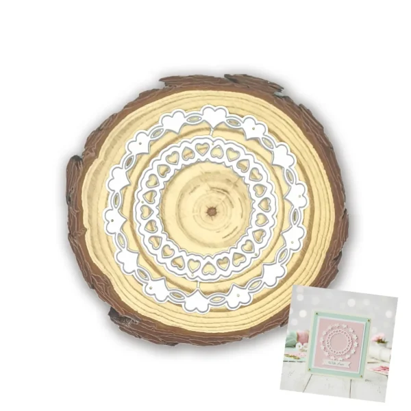 Troquel suaje círculos con borde de corazones 80 mm para marcos y decoraciones de scrapbooking