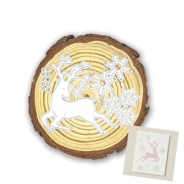 Troquel suaje reno corriendo con copos de nieve 75x75 mm para scrapbooking y tarjetas navideñas