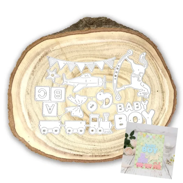 Troquel set de bebé niño con caballito de madera de 70x55 mm para proyectos de scrapbooking, baby shower y álbumes de nacimiento
