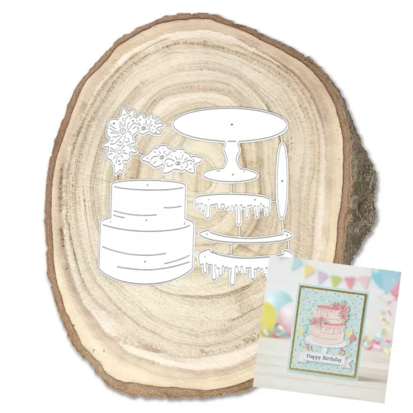 Troquel suaje pastel de dos pisos 55x60 mm con pedestal, dripping y flores para tarjetas e invitaciones