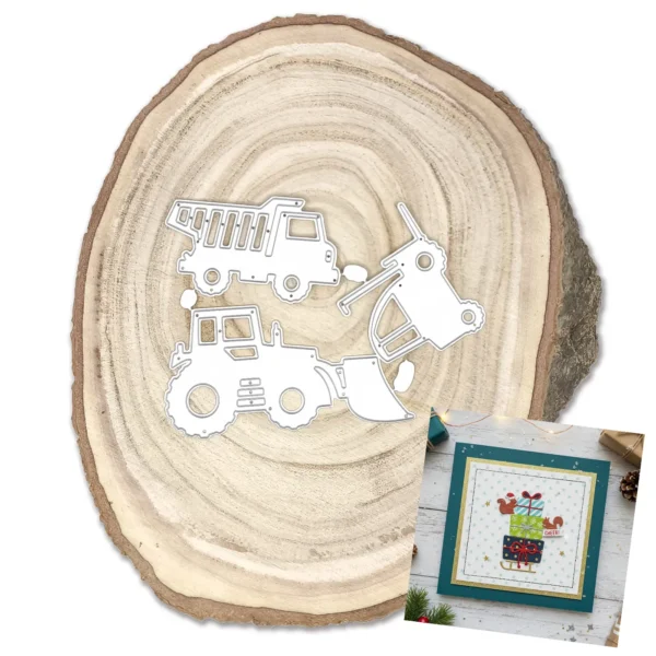 Troquel suaje set de vehículos de obra 90x45 mm (tractor con pala) para escenas de construcción en scrapbooking