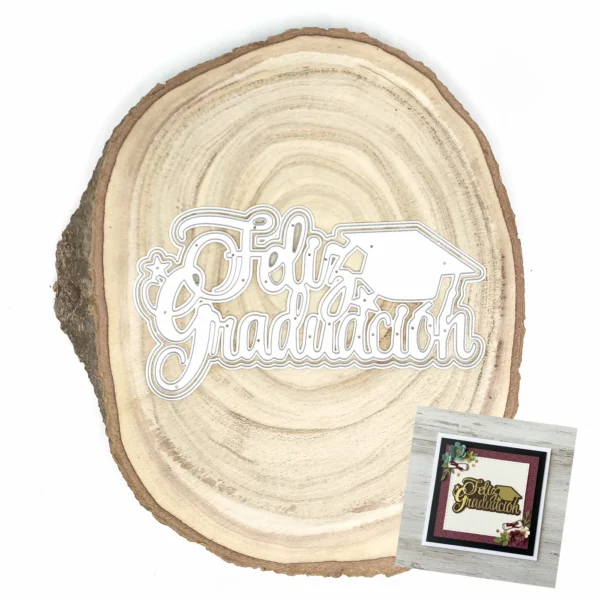 Troquel suaje texto Feliz Graduación con birrete 140x75 mm para scrapbooking y tarjetas de celebración