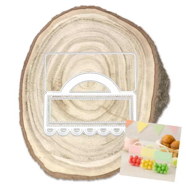 Troquel topper grande festoneado con asa de 117x80 mm, ideal para packaging y decoraciones de scrapbooking