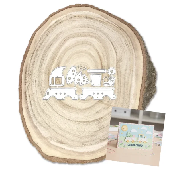 Troquel suaje tren navideño con árbol y regalos 50x15 mm para escenas festivas en scrapbooking