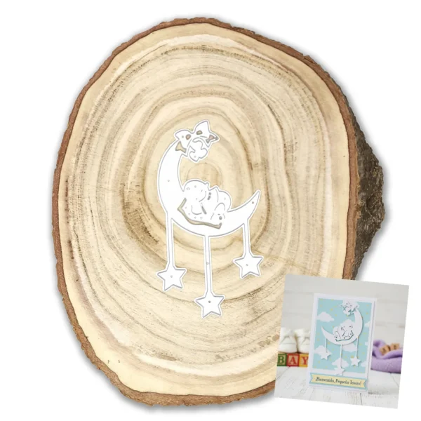 troquel suaje bebé durmiendo sobre luna con estrellas colgando Suzzy ejemplo